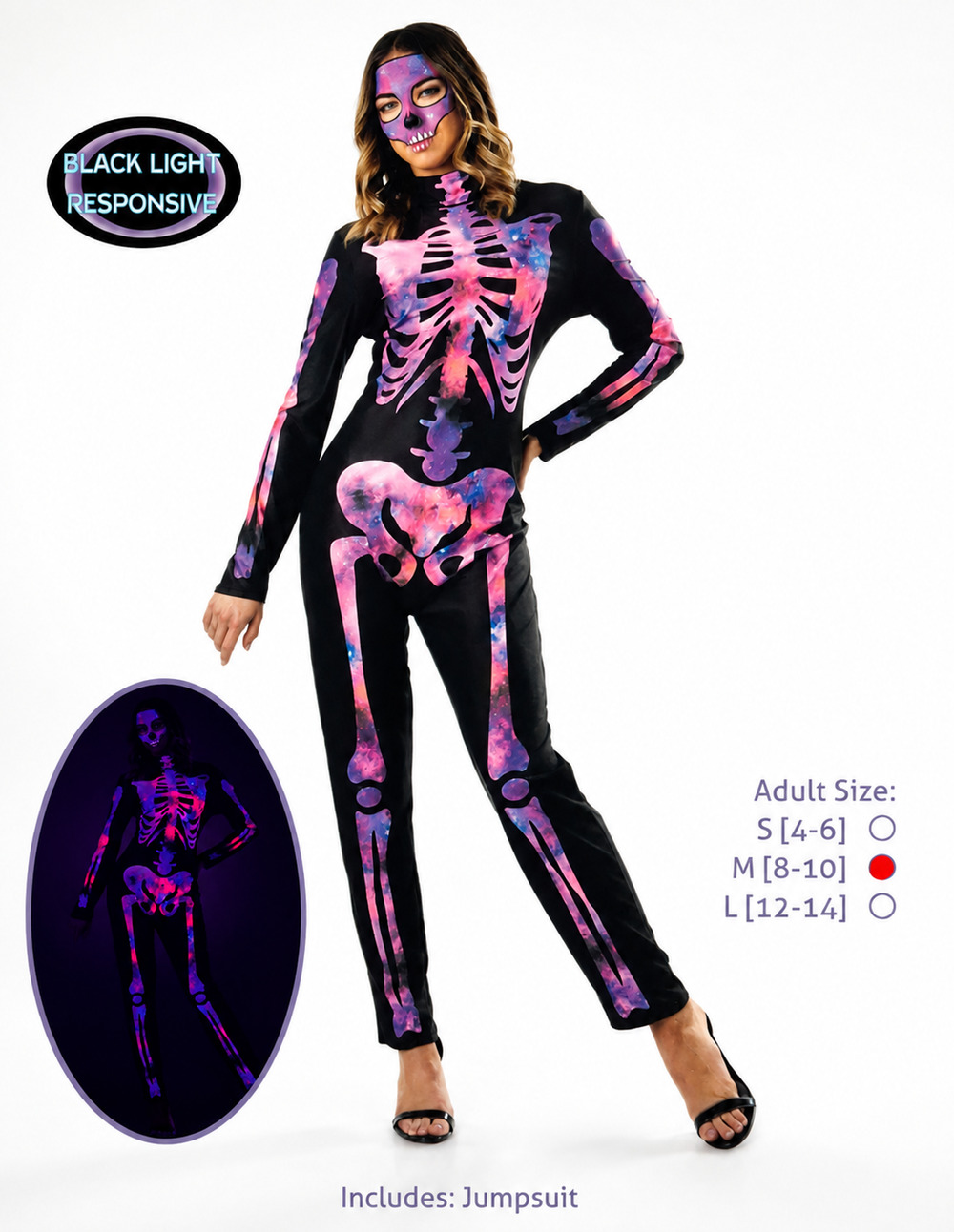 Galactic Skeleton Costume Jumpsuit Women's Medium 8/10 Black Light Halloween New